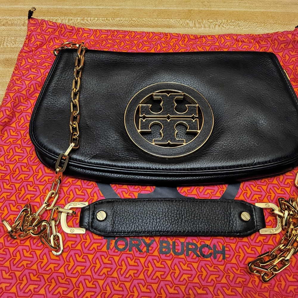 Tory Burch Black and Gold Shoulder Bag with Chain Strap and Leather Material